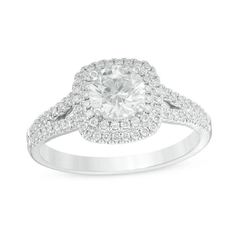 Previously Owned - 1.00 CT. T.W. Certified Canadian Diamond Double Cushion Frame Engagement Ring in Platinum (H/VS2)
