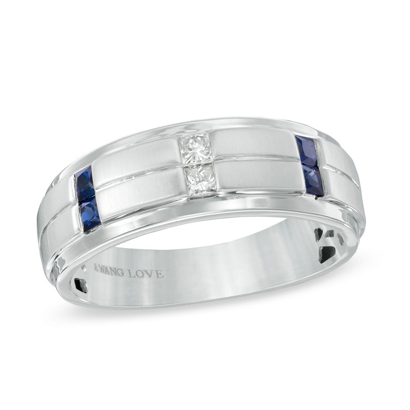 Previously Owned Vera Wang Men's 0.12 CT. T.W. Square Diamond and Blue Sapphire Band in 14K White Gold