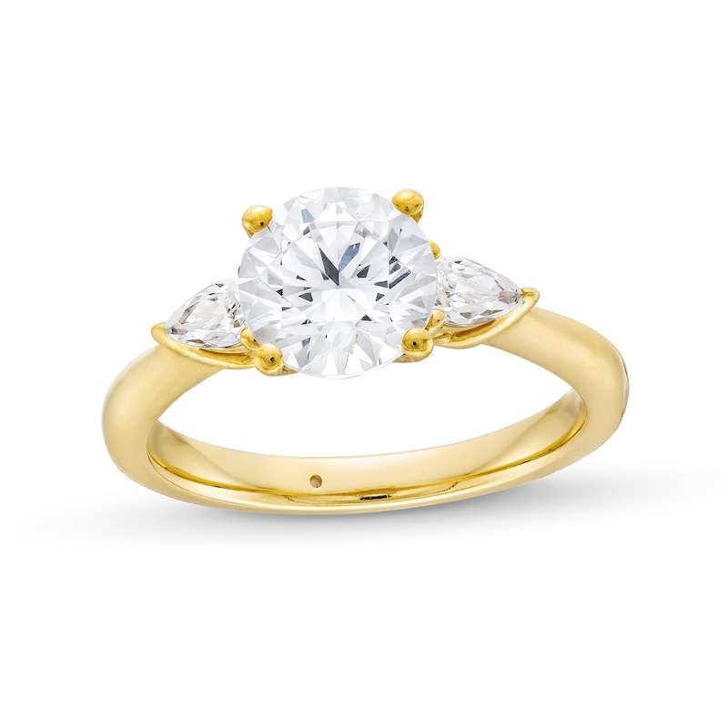 Previously Owned - 1.80 CT. T.W. Pear-Shaped and Round Certified Lab-Grown Diamond Three Stone Engagement Ring in 14K Gold (F/SI2)