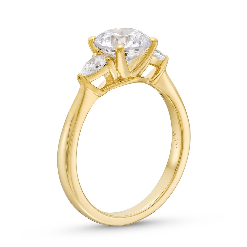 Previously Owned - 1.80 CT. T.W. Pear-Shaped and Round Certified Lab-Grown Diamond Three Stone Engagement Ring in 14K Gold (F/SI2)