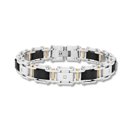 0.07 CT. T.W. Diamond and Black Carbon Fiber Link Bracelet in Two-Tone Stainless Steel - 8.75”
