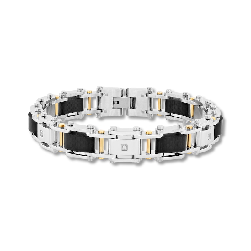 Main Image 1 of 0.07 CT. T.W. Diamond and Black Carbon Fiber Link Bracelet in Two-Tone Stainless Steel - 8.75”
