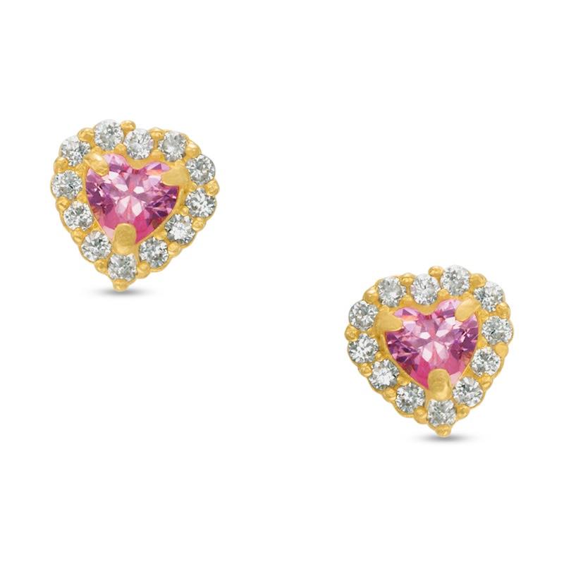 Child's Pink and White Cubic Zirconia Heart Frame Stud Earrings in 14K Gold