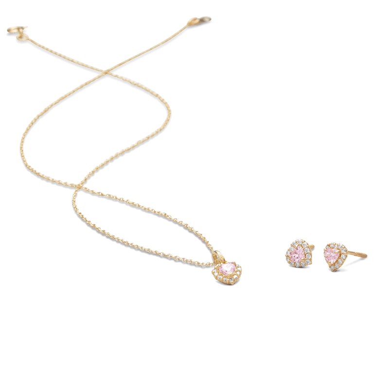 Child's Pink and White Cubic Zirconia Heart Frame Stud Earrings in 14K Gold