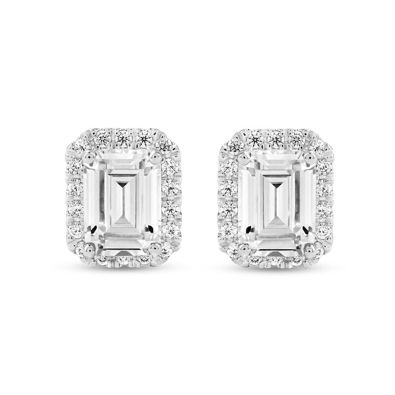 Main Image 1 of 2.23 CT. T.W. Emerald-Cut Certified Lab-Grown Diamond Frame Stud Earrings in 10K White Gold (F/SI2)