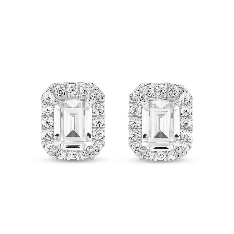 Main Image 1 of 4.75 CT. T.W. Emerald-Cut Certified Lab-Grown Diamond Frame Stud Earrings in 10K White Gold (F/SI2)