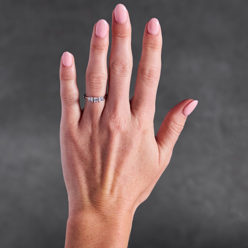Main Image 2 of 1.00 CT. T.W. Princess-Cut Certified Lab-Grown Diamond Channel-Set Three-Stone Band in 14K White Gold (F/VS2)