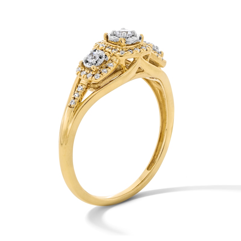 Main Image 5 of 0.20 CT. T.W. Diamond Frame Three-Stone Engagement  Ring in 10K Gold
