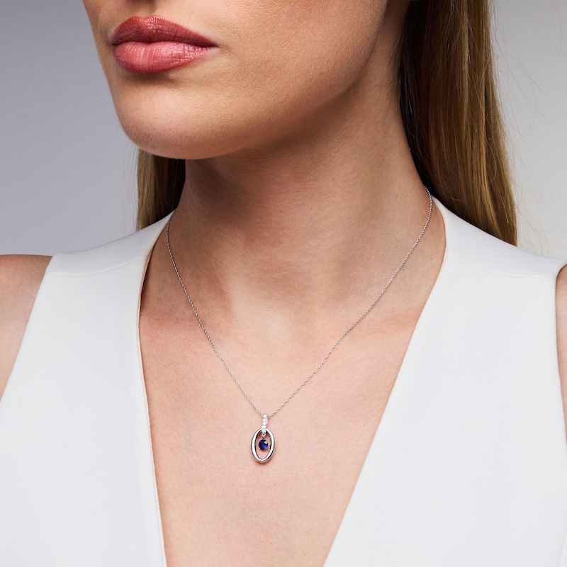 Blue and White Lab-Created Sapphire Oval-Frame Dangle Pendant in Sterling Silver