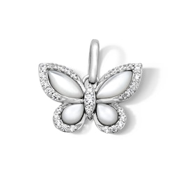 Mother-of-Pearl and 0.12 CT. T.W. Diamond Butterfly Necklace Charm in Sterling Silver