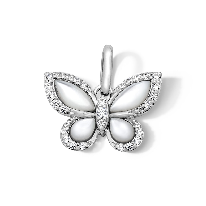 Main Image 1 of Mother-of-Pearl and 0.12 CT. T.W. Diamond Butterfly Necklace Charm in Sterling Silver