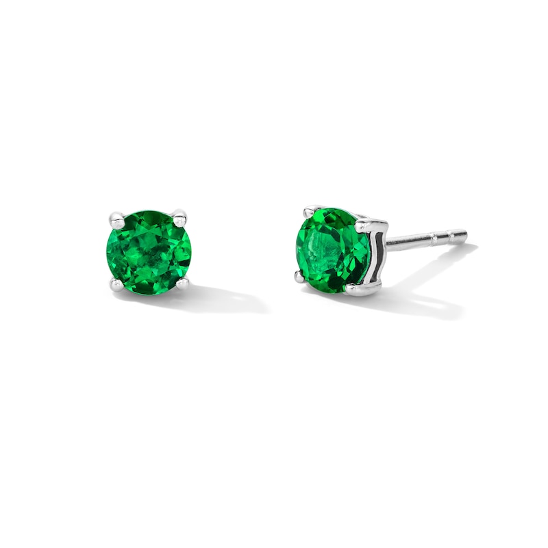 Main Image 1 of Lab-Created Emerald Solitaire Stud Earrings in Sterling Silver