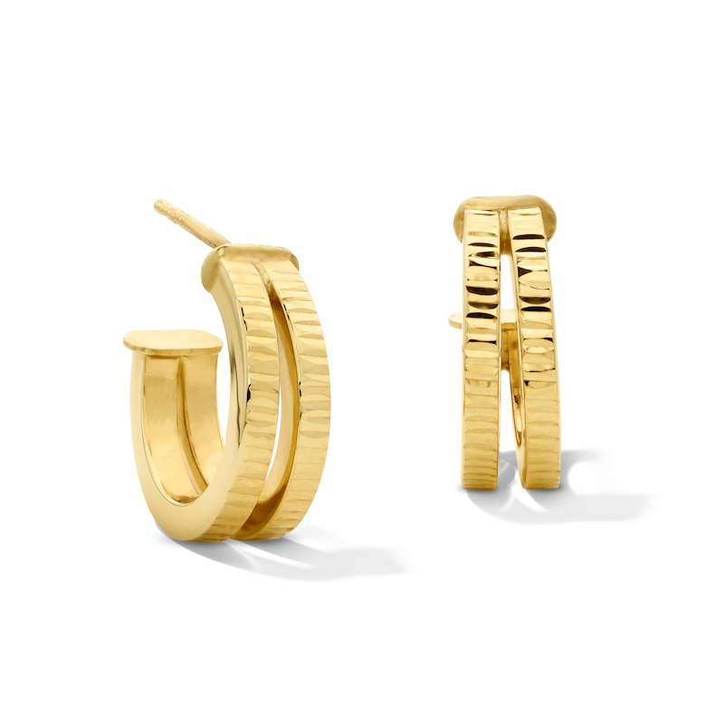 Textured Split J-Hoop Earrings in Solid 10K Gold