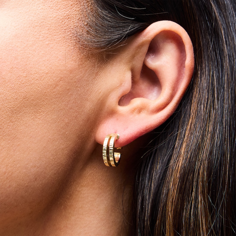 Textured Split J-Hoop Earrings in Solid 10K Gold