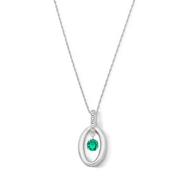 Lab-Created Emerald and White Lab-Created Sapphire Oval-Frame Dangle Pendant in Sterling Silver