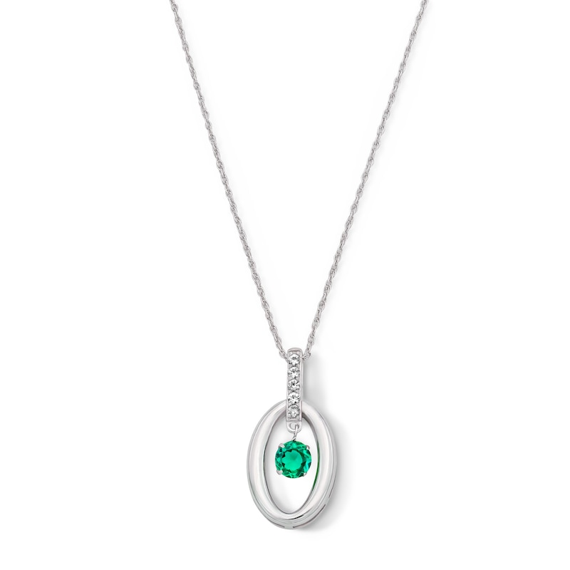 Main Image 1 of Lab-Created Emerald and White Lab-Created Sapphire Oval-Frame Dangle Pendant in Sterling Silver