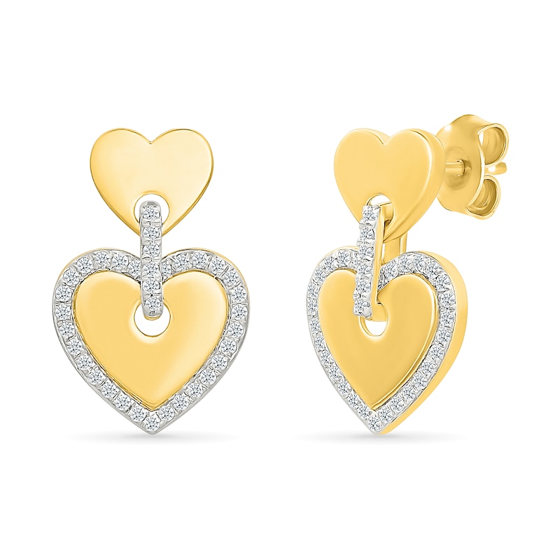 Main Image 2 of 0.23 CT. T.W. Diamond-Framed Heart Dangle Earrings in Sterling Silver with 24K Gold Vermeil