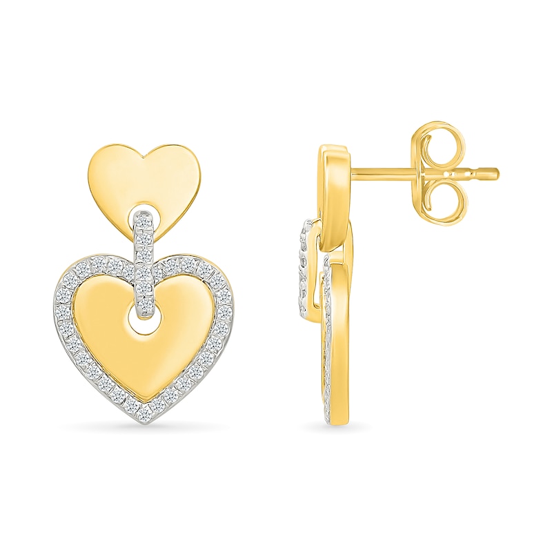 Main Image 3 of 0.23 CT. T.W. Diamond-Framed Heart Dangle Earrings in Sterling Silver with 24K Gold Vermeil