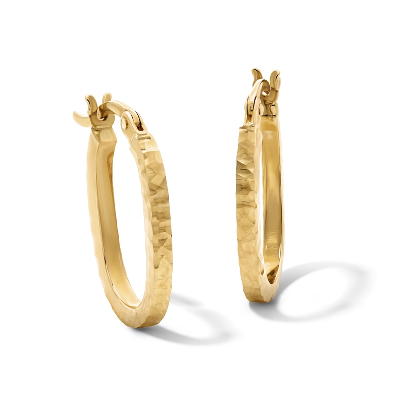 18.0mm Diamond-Cut Hammered Square-Wire Oval Hoop Earrings in Hollow 10K Gold