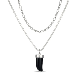 18.0mm Black Onyx Horn Pendant and Layered Double-Chain Necklace in Sterling Silver - 22"