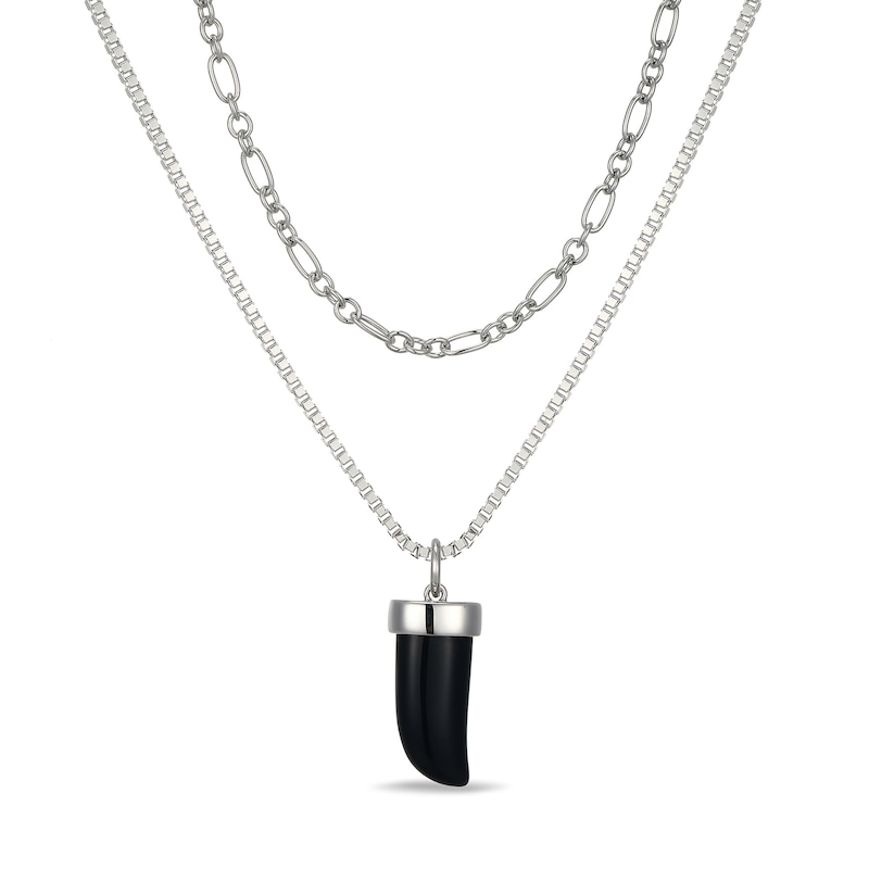 18.0mm Black Onyx Horn Pendant and Layered Double-Chain Necklace in Sterling Silver - 22"