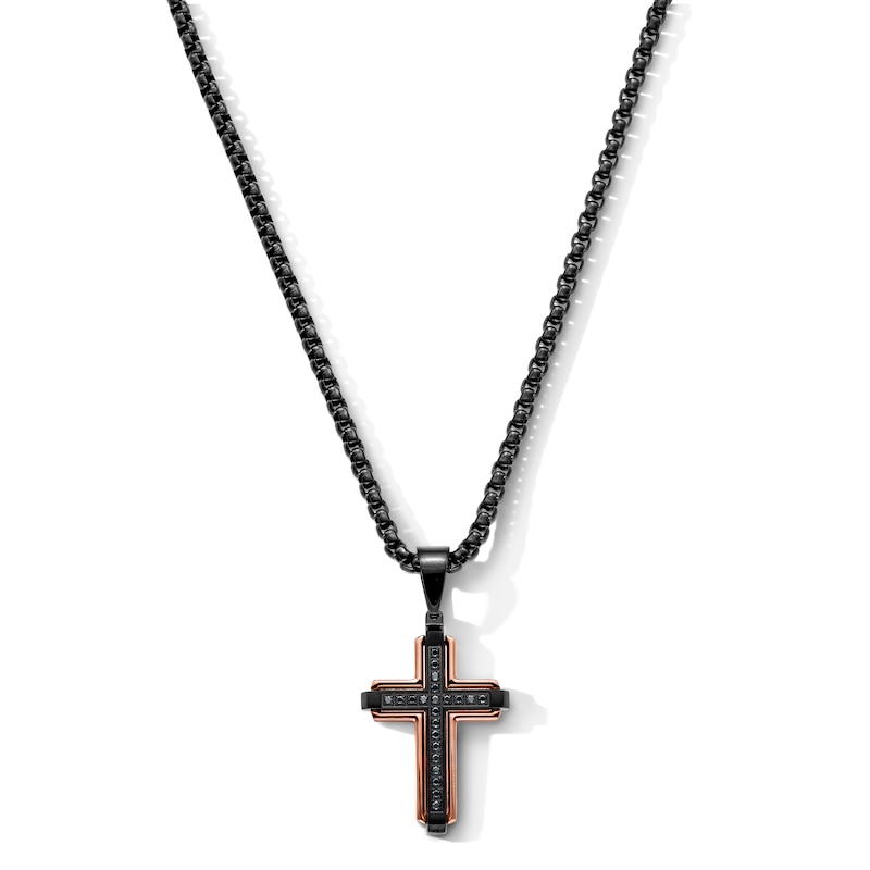 0.20 CT. T.W. Black Diamond Cross Pendant in Stainless Steel with Black and Rose-Tone Ion Plate - 24"