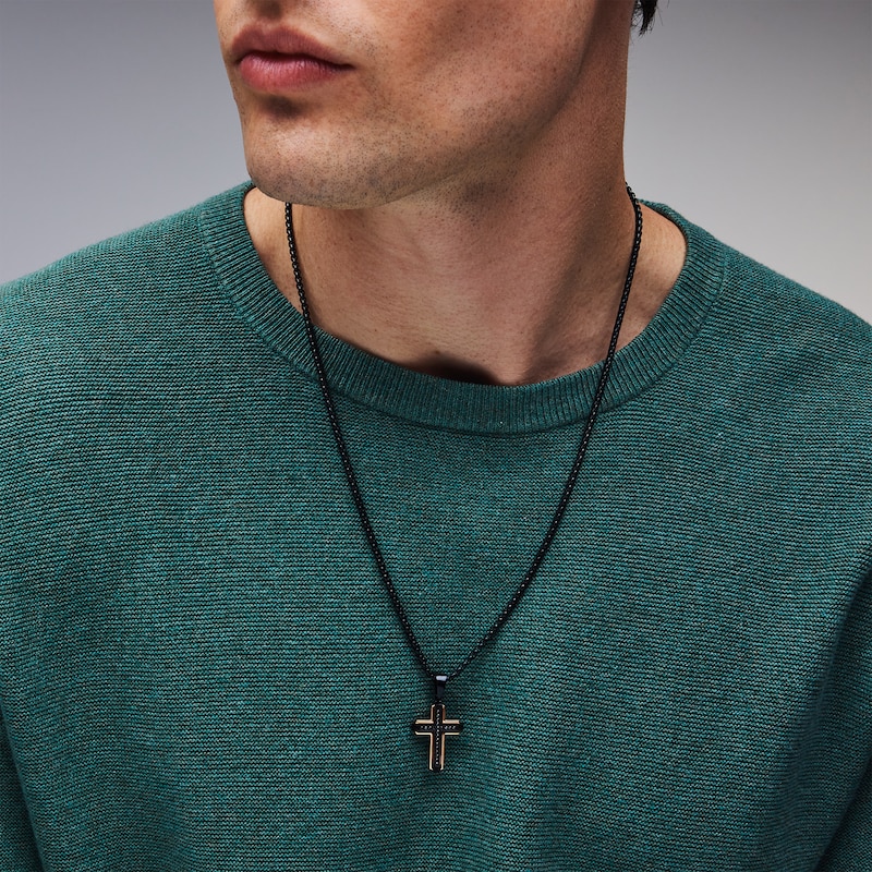 0.20 CT. T.W. Black Diamond Cross Pendant in Stainless Steel with Black and Rose-Tone Ion Plate - 24"
