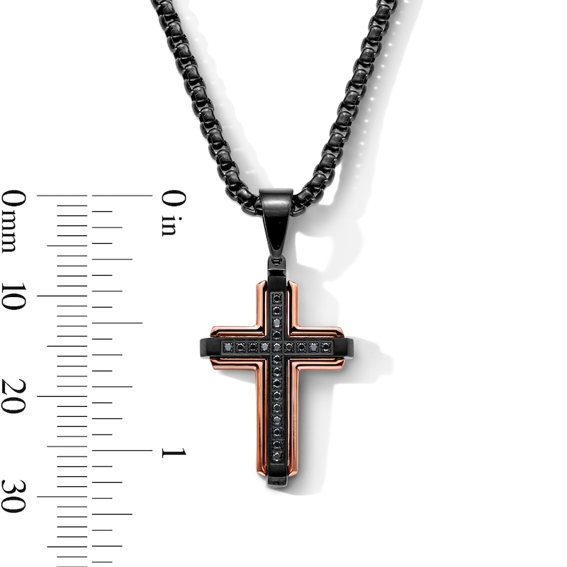 0.20 CT. T.W. Black Diamond Cross Pendant in Stainless Steel with Black and Rose-Tone Ion Plate - 24"