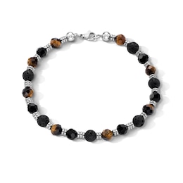 6.0mm Onyx, Tiger’s Eye and Lava Stone Bead Strand Bracelet in Stainless Steel - 8.5"