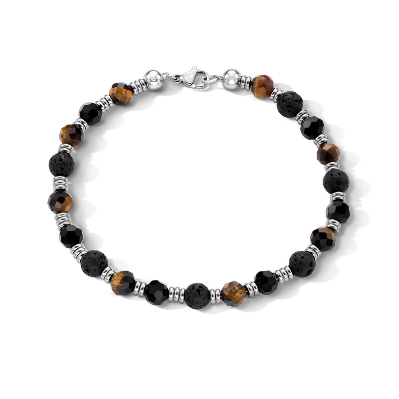 Main Image 1 of 6.0mm Onyx, Tiger’s Eye and Lava Stone Bead Strand Bracelet in Stainless Steel - 8.5"