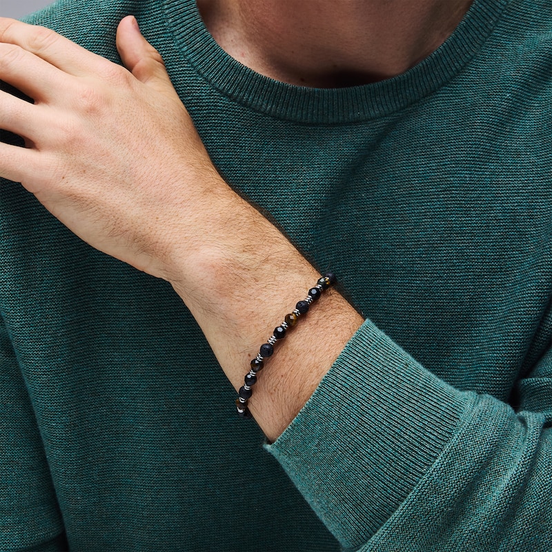 Main Image 2 of 6.0mm Onyx, Tiger’s Eye and Lava Stone Bead Strand Bracelet in Stainless Steel - 8.5"