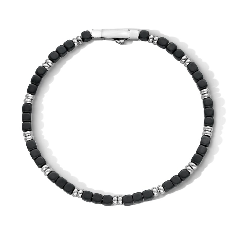 Main Image 1 of 4.0mm Square Hematite Bead Strand Bracelet in Stainless Steel - 8.75”