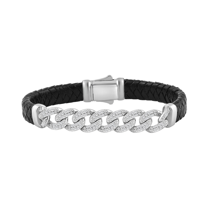 0.45 CT. T.W. Lab-Grown Diamond Curb Chain and Leather Bracelet in Sterling Silver (F/SI2)
