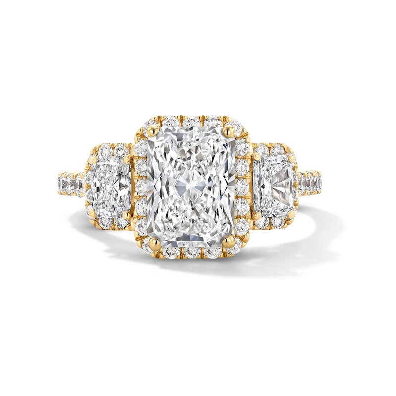 3.25 CT. T.W. Radiant-Cut Certified Lab-Grown Diamond Three-Stone Engagement Ring in 14K Gold (F/VS2)