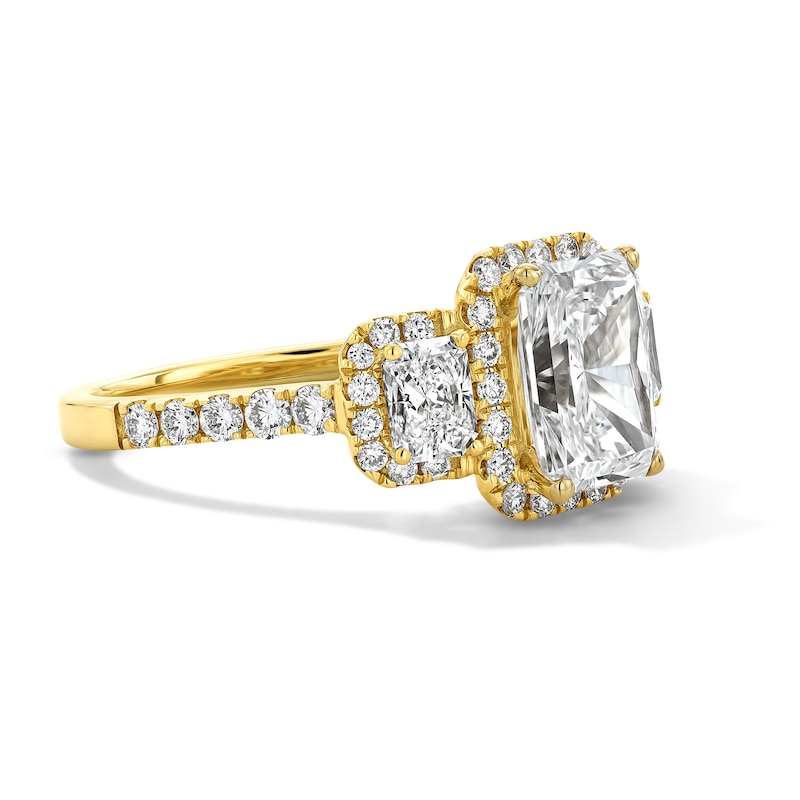 3.25 CT. T.W. Radiant-Cut Certified Lab-Grown Diamond Three-Stone Engagement Ring in 14K Gold (F/VS2)