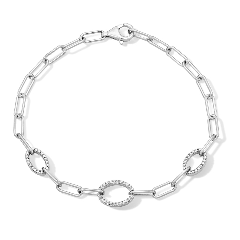 0.09 CT. T.W. Diamond Oval Link Station Paper Clip Chain  Bracelet in Sterling Silver - 7.5"