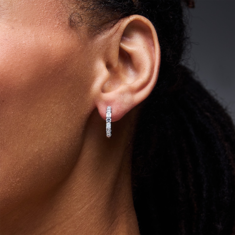 Main Image 2 of 1.00 CT. T.W. Emerald-Cut and Round Certified Lab-Grown Diamond Hoop Earrings in Sterling Silver (F/VS2)