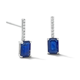 Emerald-Cut Blue Sapphire and Diamond-Accent Drop Earrings in 10K White Gold