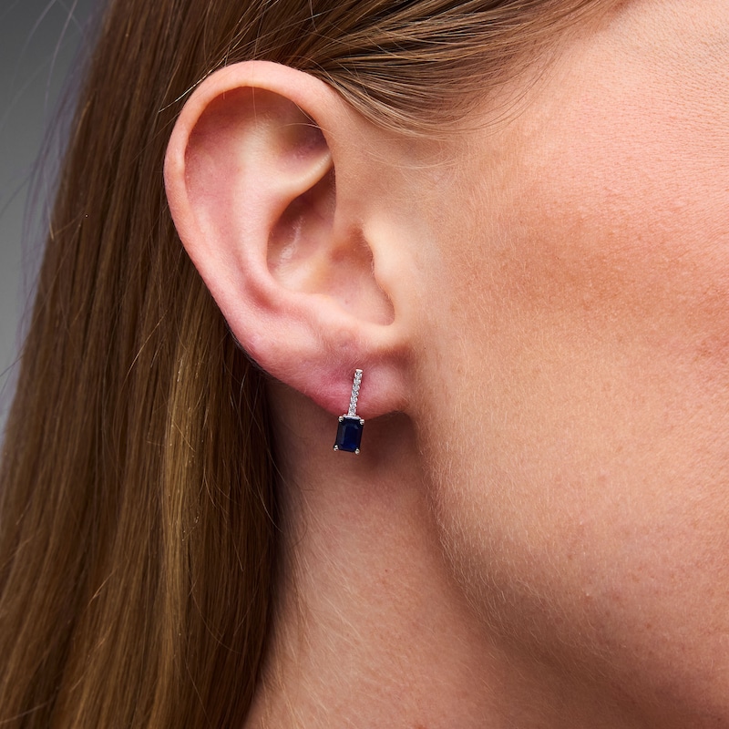 Emerald-Cut Blue Sapphire and Diamond-Accent Drop Earrings in 10K White Gold