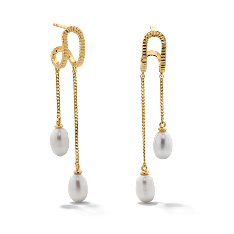Main Image 1 of 7.0mm Freshwater Cultured Pearl Oval Drop Earrings in Sterling Silver with 14K Gold Plate