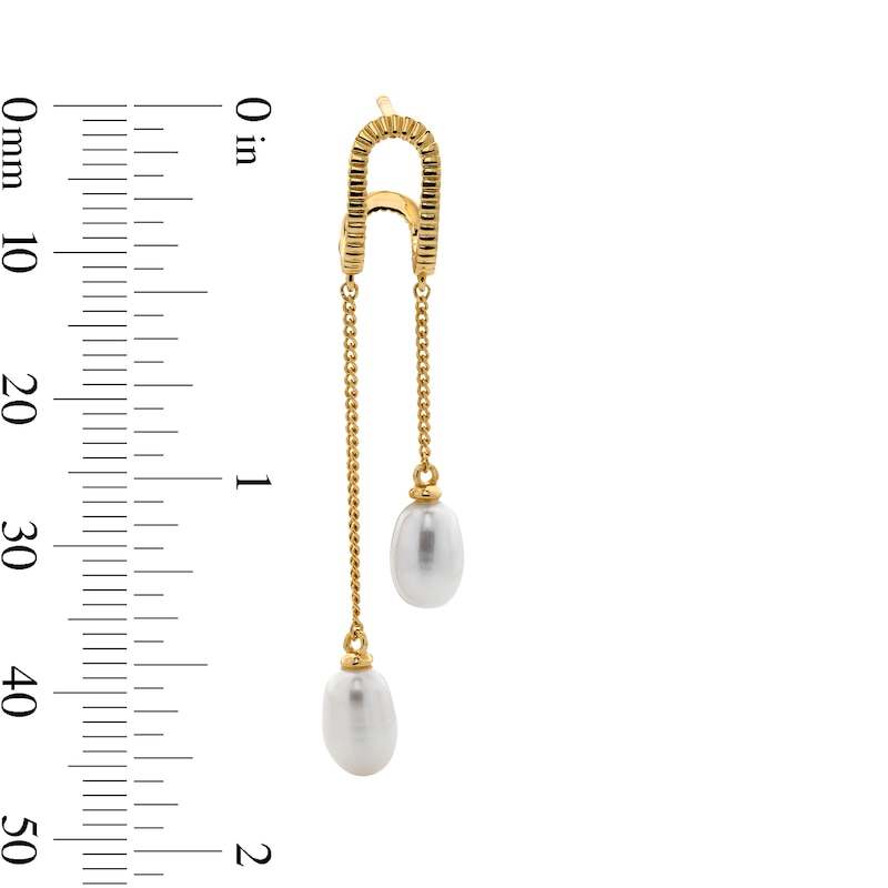 Main Image 2 of 7.0mm Freshwater Cultured Pearl Oval Drop Earrings in Sterling Silver with 14K Gold Plate