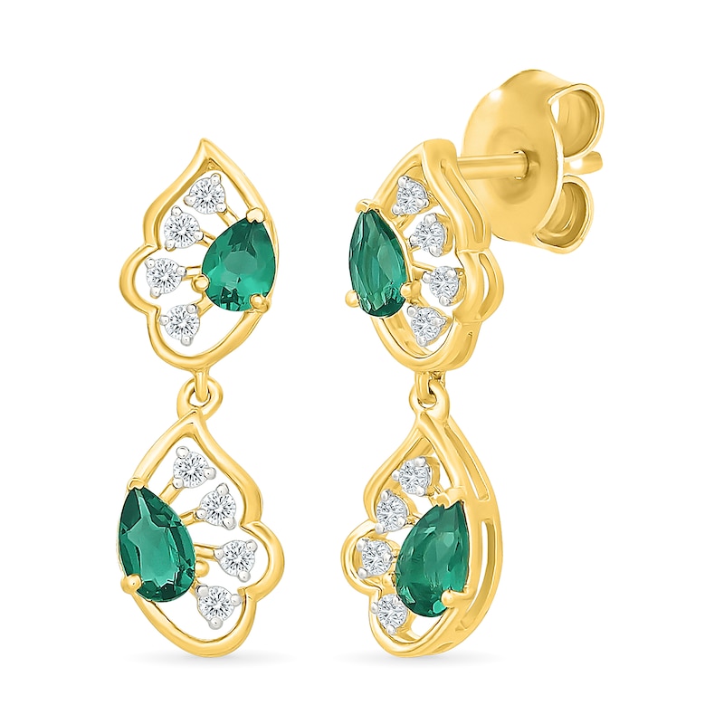 Pear-Shaped Emerald and 0.15 CT. T.W. Lab-Grown Diamond Drop Earrings in 18K Gold (F/VS2)