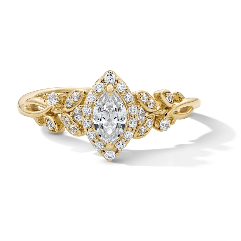 Main Image 1 of 0.50 CT. T.W. Marquise-Cut Diamond Frame Leaf Shank Engagement Ring in 14K Gold