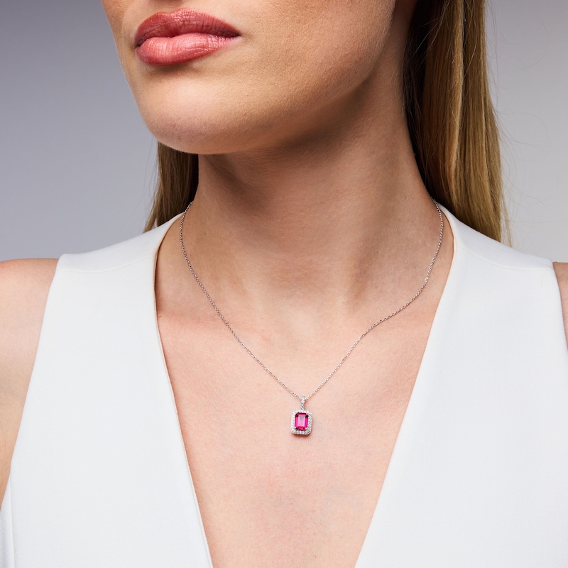 Main Image 2 of Emerald-Cut Lab-Created Ruby and White Lab-Created Sapphire Frame Pendant in Sterling Silver
