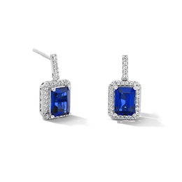 Emerald-Cut Blue Lab-Created Sapphire and White Lab-Created Sapphire Frame Drop Earrings in Sterling Silver