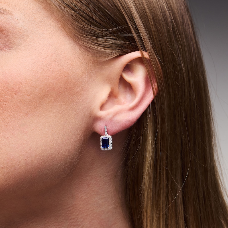 Emerald-Cut Lab-Created Sapphire and White Lab-Created Sapphire Frame Drop Earrings in Sterling Silver