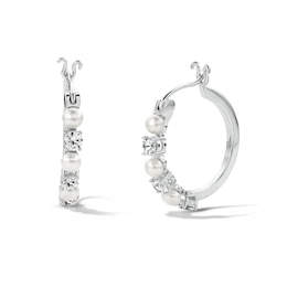 3.0mm Freshwater Cultured Pearl and White Lab-Created Sapphire Hoop Earrings in Sterling Silver