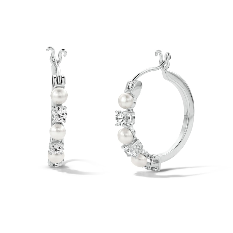 Main Image 1 of 3.0mm Freshwater Cultured Pearl and White Lab-Created Sapphire Hoop Earrings in Sterling Silver