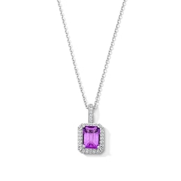 Emerald-Cut Amethyst and White Lab-Created Sapphire Frame Pendant in Sterling Silver