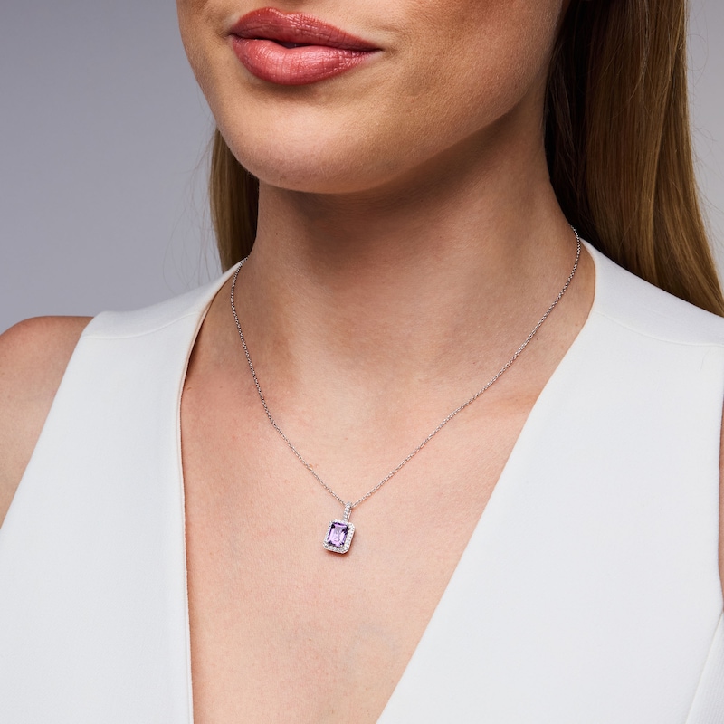 Main Image 2 of Emerald-Cut Amethyst and White Lab-Created Sapphire Frame Pendant in Sterling Silver